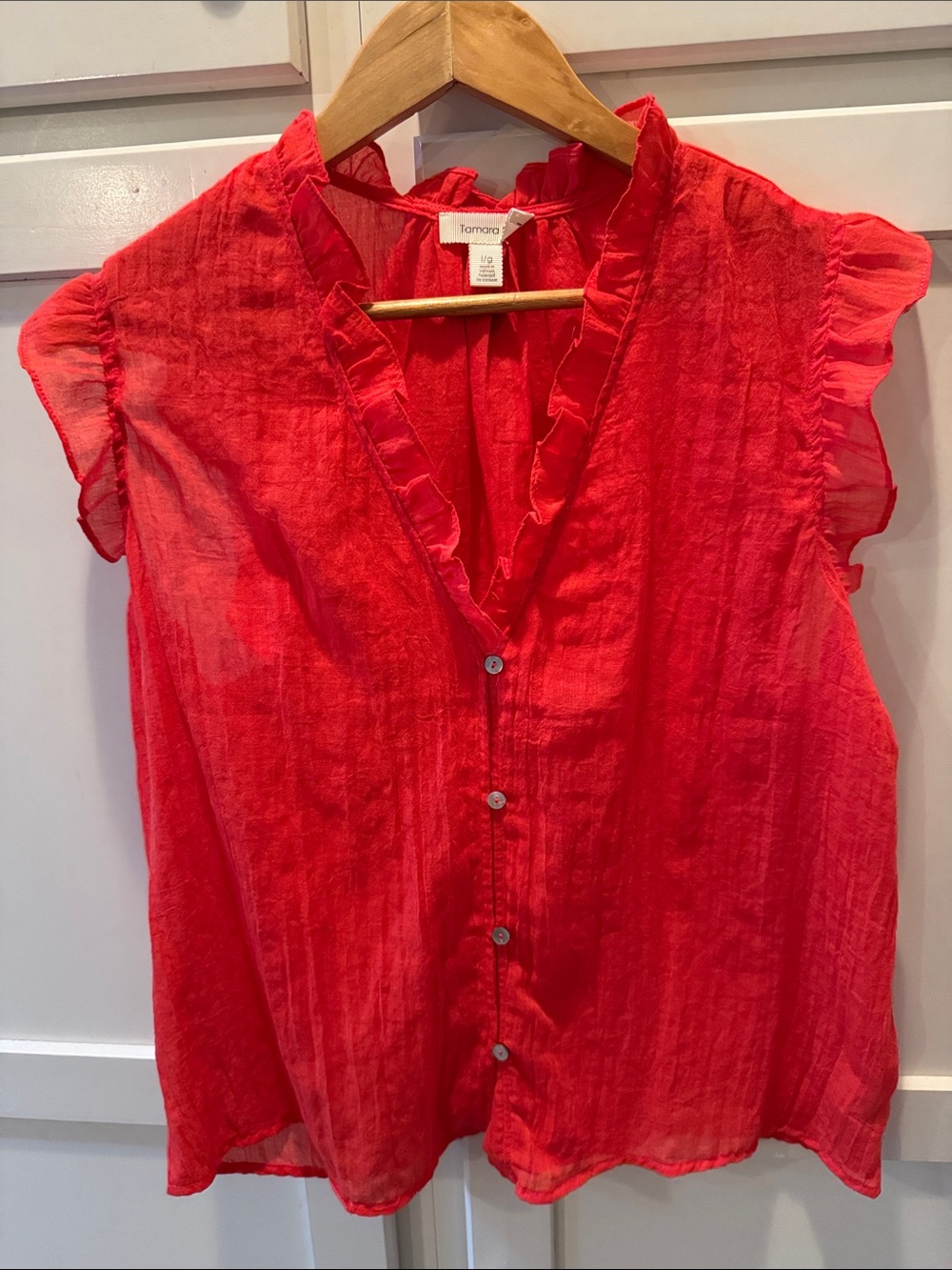 Tamara Bright Red Ruffle-Trim V-Neck Sleeveless Blouse